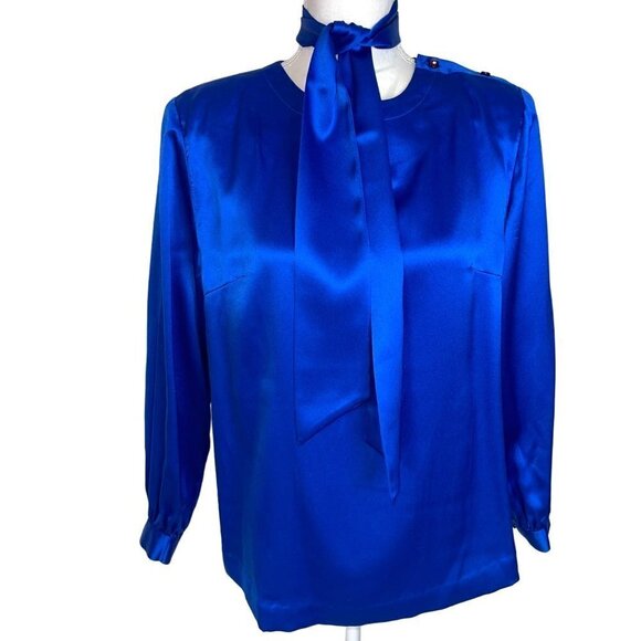 Vintage Womens Blouse Blue Size Medium M Custom Made Matching Tie Belt Button - Picture 1 of 12